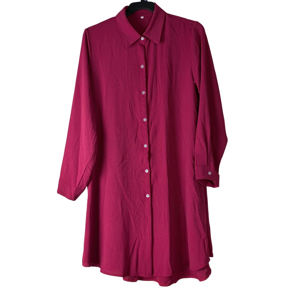Women's Button Down Shirt Dress Magenta Large Tunic Coquette Work Minimalist